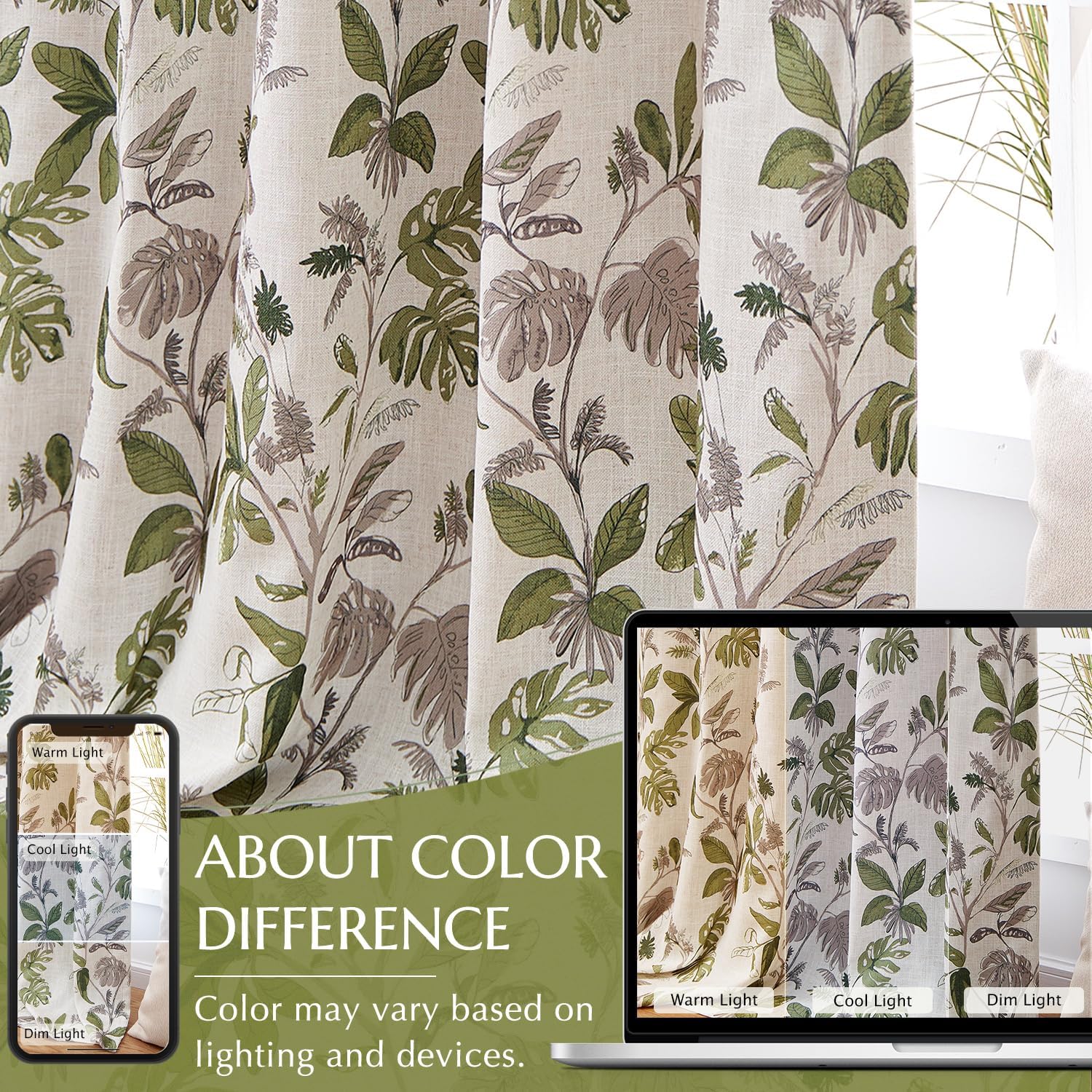 jinchan 100% Blackout Curtains for Bedroom 96 Inches Length Linen Curtains Tropical Green Leaf Print Botanical Window Treatment with Lining for Living Room Farmhouse Country Drapes Set 2 Panels